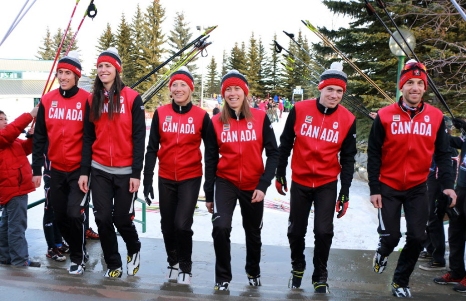 Six of the eight member biathlon team were on hand for the event from left are; Brendan Green, Rosanna Crawford, Zina Kocher, Megan Imrie, Nathan Smith and Scott Perras. The other two team members not at the event are Megan Heinicke and Jean-Philippe Le Guellec. Gavin Young Calgary Herald